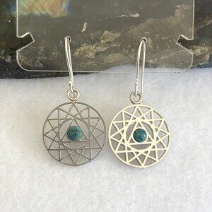 Sterling Silver Openwork Round Mandala Trinity Star Chrysocolla Dangle Earrings
